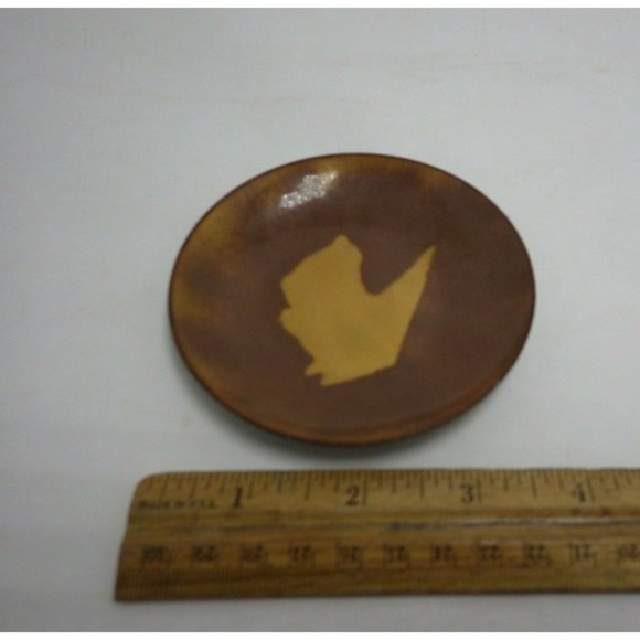 Small Plate Vintage Art Studio Piece Enamel Over Metal Brown Gold Trinket Dish - Picture 3 of 3